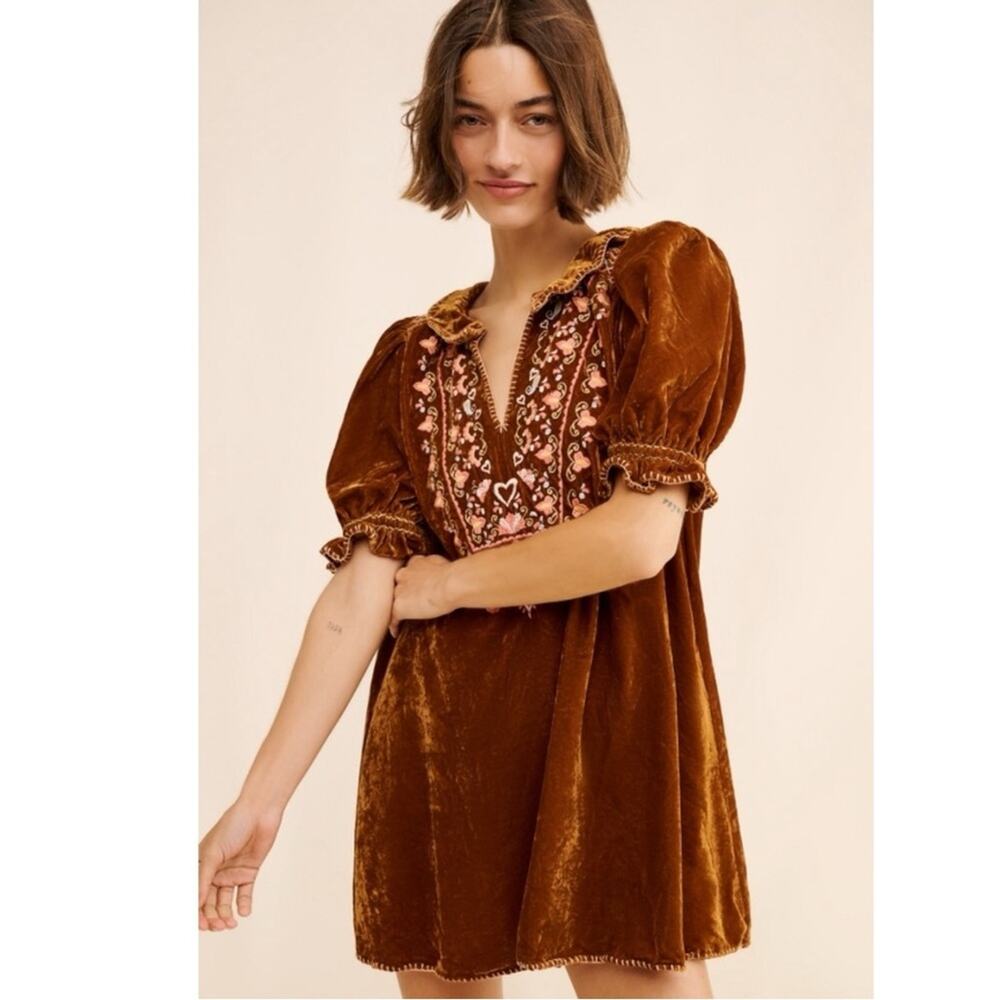 Free People Bohemian Embroidered Velvet Freya Tunic Dress Amber Brown Size Large - Picture 2 of 14